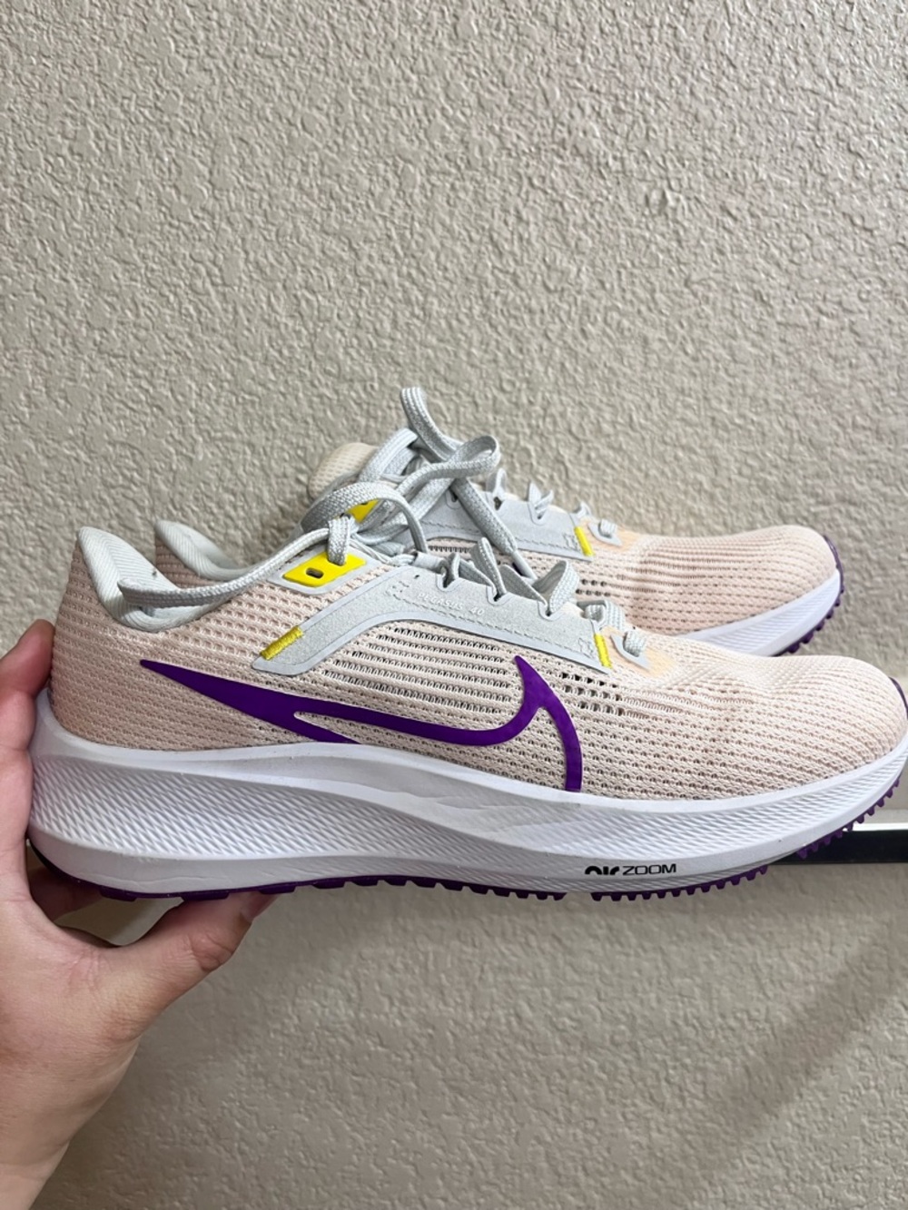 Nike Women's Running Shoes - Cream Upper with Purple Swoosh and Yellow Accents
